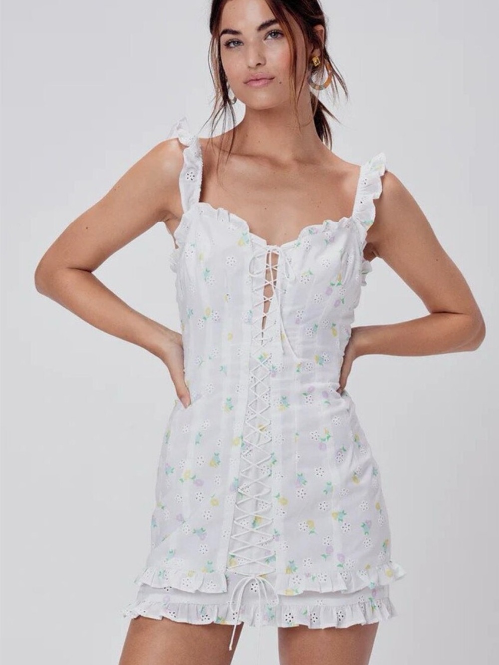 For Love & Lemons White Floral Eyelet Lace-Up Mini Dress